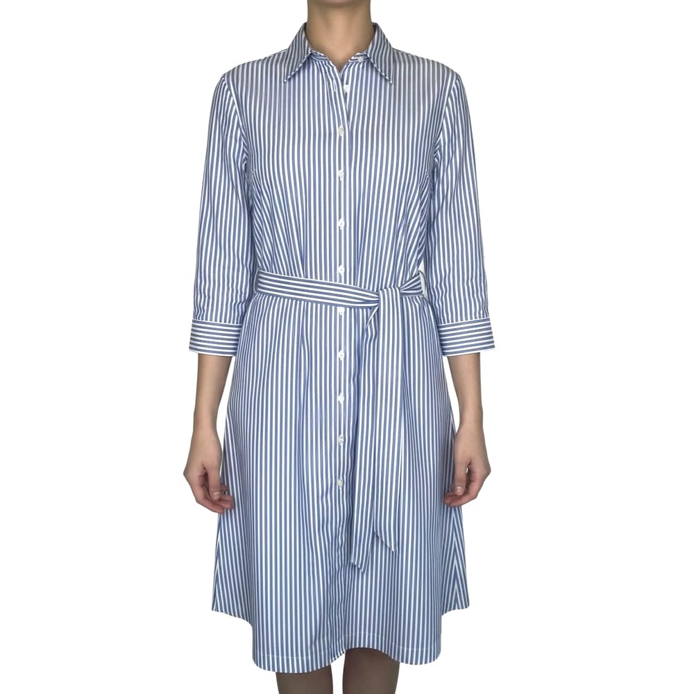 Brooks Brothers 346 Blue Striped Fit Flare Shirt Dress Belted Cotton Size 14